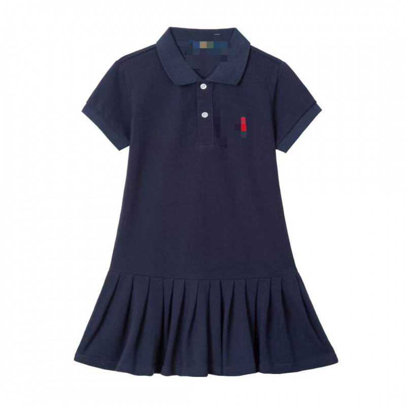 Girls Short-Sleeved New Dress Summer Lapel Casual Baby Pure Cotton Kidsren's Preppy Princess Big Kidsren's Skirt