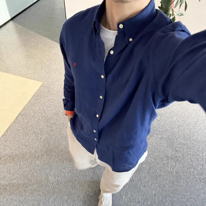 Cross-Border Rl Ralph Lauren Logo Couple's Spring and Autumn Long-Sleeve Sun-Protection Polo Shirt Embroidered Linen Shirt for Men and Women