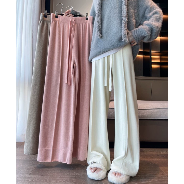 Вязаные широкие брюки женские весенние и осенние новые маленькие клейкие рисовые брюки с высокой талией