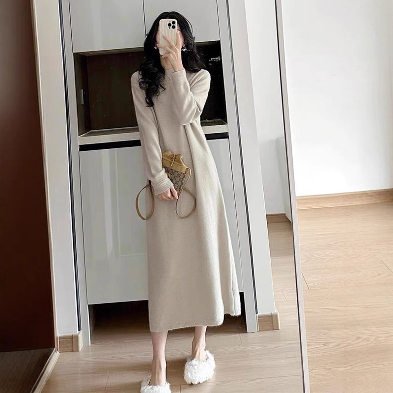 欧洲站秋装女2025新款高级感气质长款内搭打底裙子长袖针织连衣裙|undefined