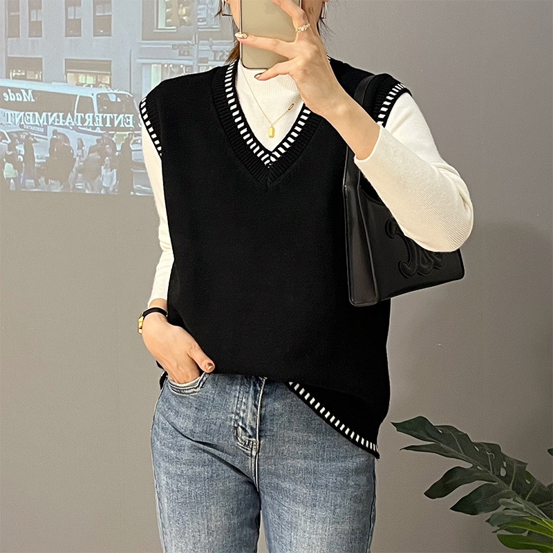 Chaleco de Otoño e Invierno para mujer 2023 nuevo suéter suelto con cuello en V con camisa negra dentro del suéter