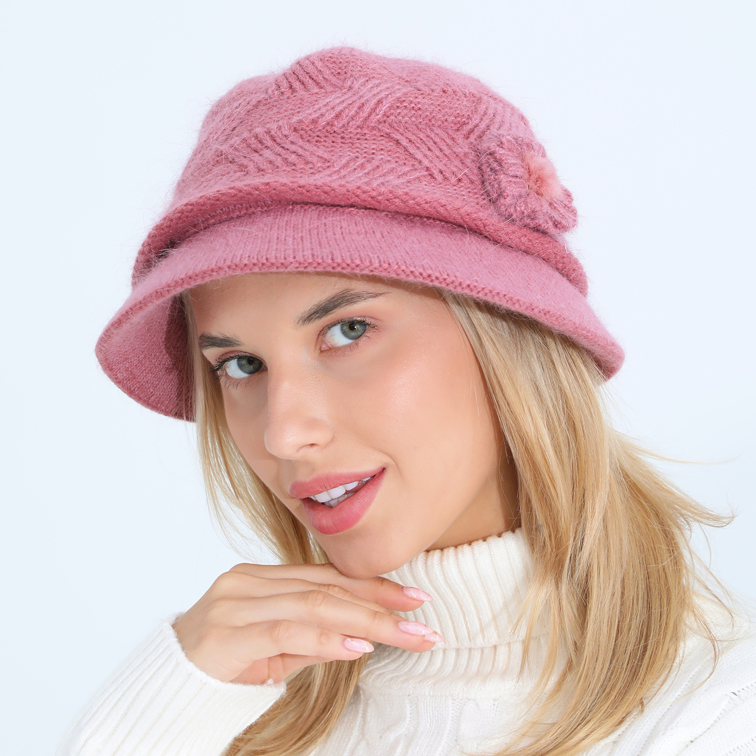 Gestrickte Damen Mütze Mit Kaninchenhaar Warm Für Den Winter_voghion.com
