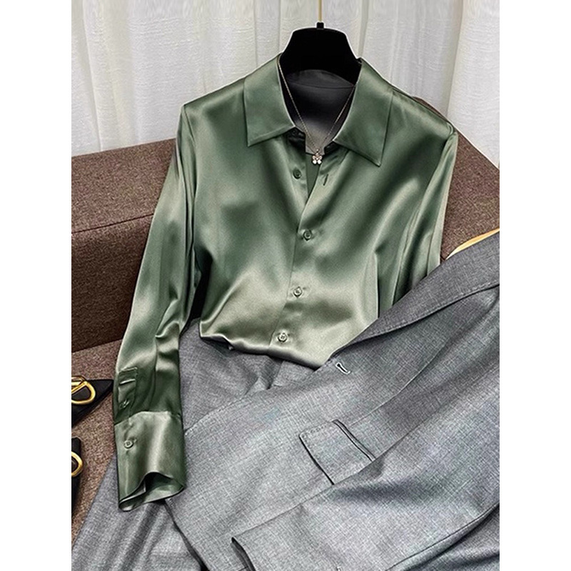 In-Stock Factory Direct Wholesale Acetate Satin Green Collared Shirt for Women, Loose-Fitting Professional Suit Inner Top for Women In-Stock Factory Direct Wholesale Acetate Satin Green Collared Shirt for Women, Loose-Fitting Professional Suit Inner Top for Women