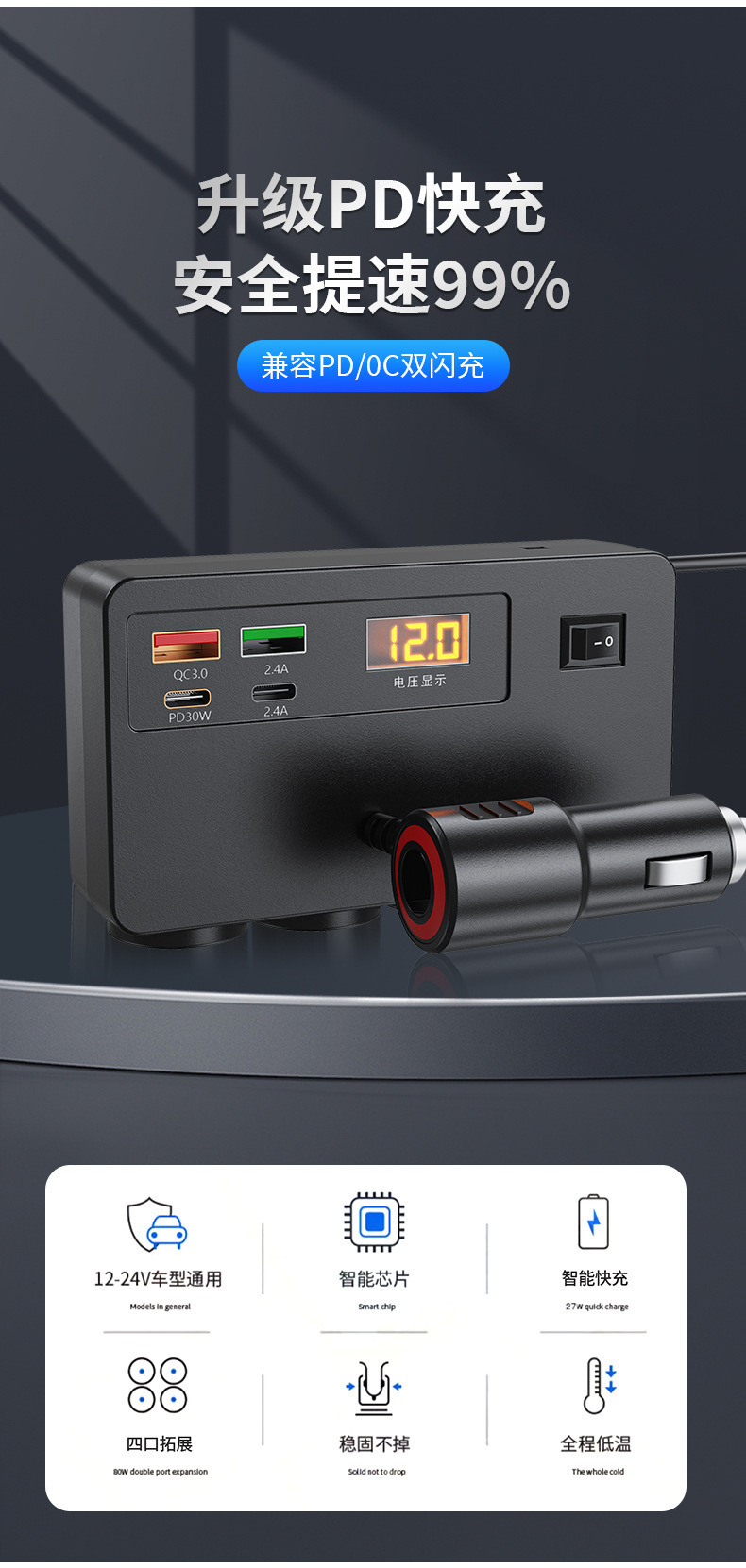 Car Cigarette Lighter Adapter with Four Ports 12V/24V Universal Smart Socket for Cars and Trucks with Voltage Display