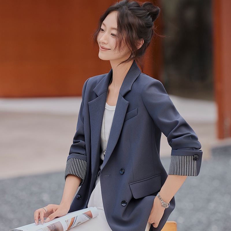 春秋新款韩版休闲西装外套女2025宽松大件气质西服上衣拼接双排扣|undefined