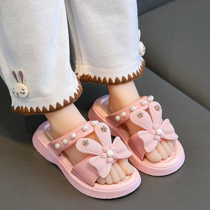 Zapatillas para niños verano Internet celebridad dibujos animados lindo antideslizante suave Fondo niños princesa arco perla cadena zapatillas