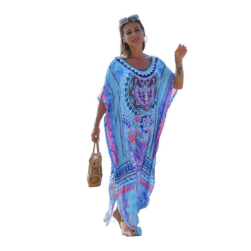 Venta caliente de Europa y América poliéster posicionamiento impresión playa ropa protección solar traje baño blusa fuera vacaciones vestido 1D42