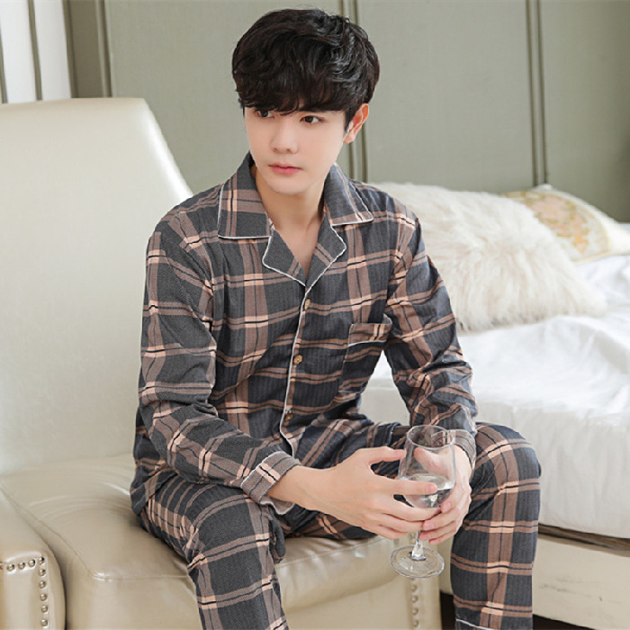 Transmisión en vivo de nuevos pijamas de hombre primavera y otoño de tamaño grande casero ocio relajado dos piezas de ropa de casa para hombres micro comercio