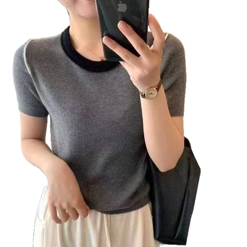 2025 estilo occidental de verano con camisa de fondo delgada y delgada, cuello redondo de color de contraste coreano, suéter de manga corta de todo fósforo para mujer image 6