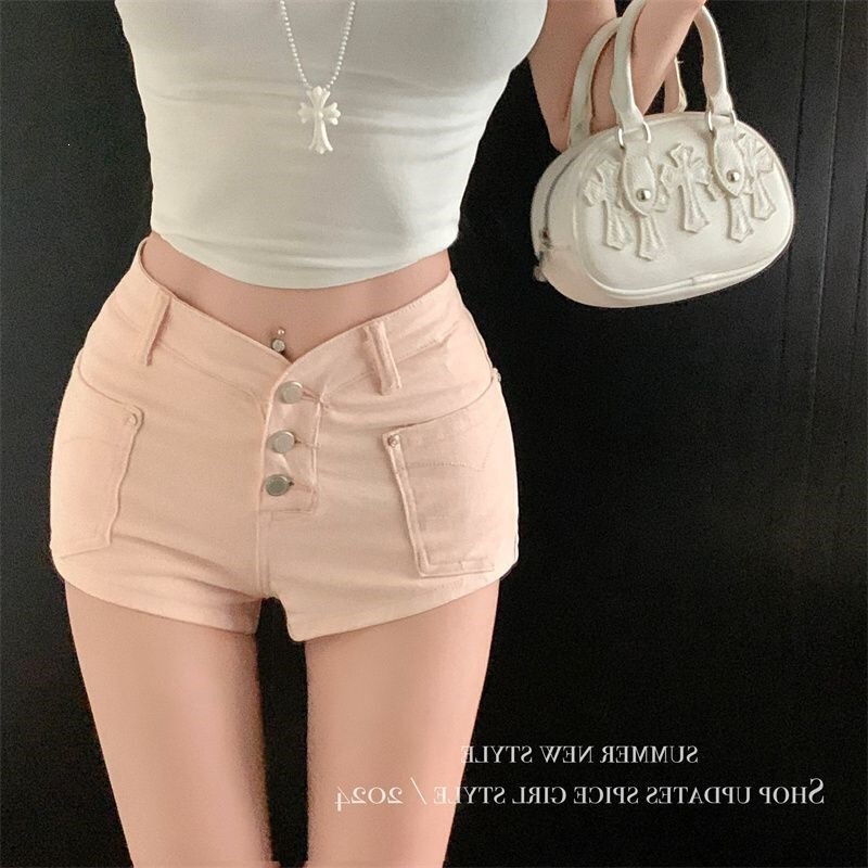American-Style Spicy Pink High-Waisted Denim Shorts for Women, Summer Elastic Straight-Cut Slim-Fit Hip-Hugging Hot Shorts