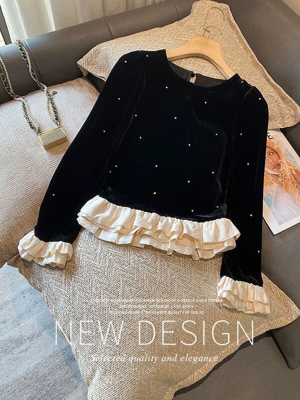 Light Luxury Black Velvet Splicing Ruffle Shirt for Women, Autumn 2025 New Heavy-Duty Rhinestone Slim Short Top