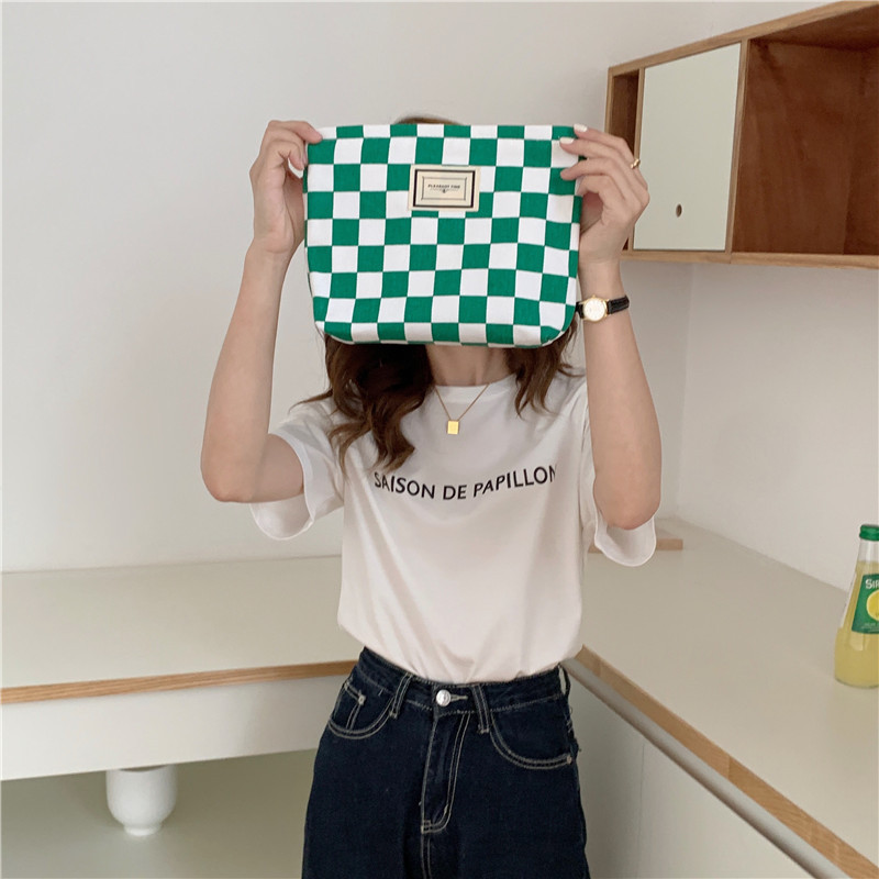 【 In Stock 】18181 checkerboard green checkered canvas bag, school-style commuter single-shoulder bag, retro hand-held tote bag undefined
