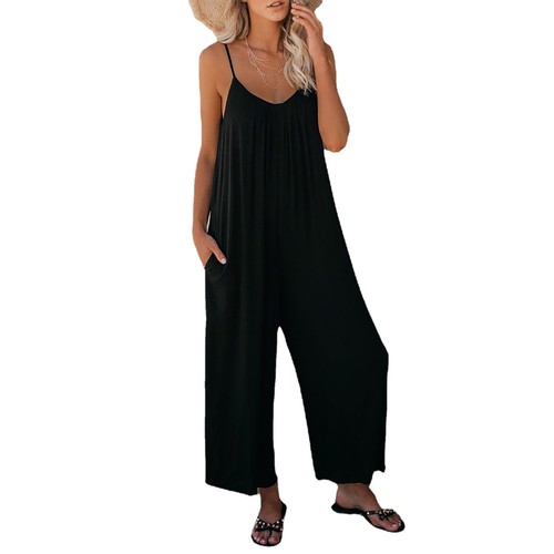 European and American-style summer women's long pants, solid color, with inset pockets, loose-fitting, casual, strap-style jumpsuit