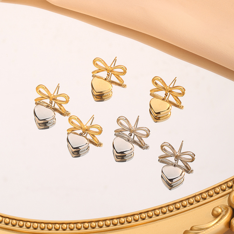 Europe and the United States cross-border ins wind explosion personality 18k gold stainless steel bow love pendant earrings earrings wholesale women