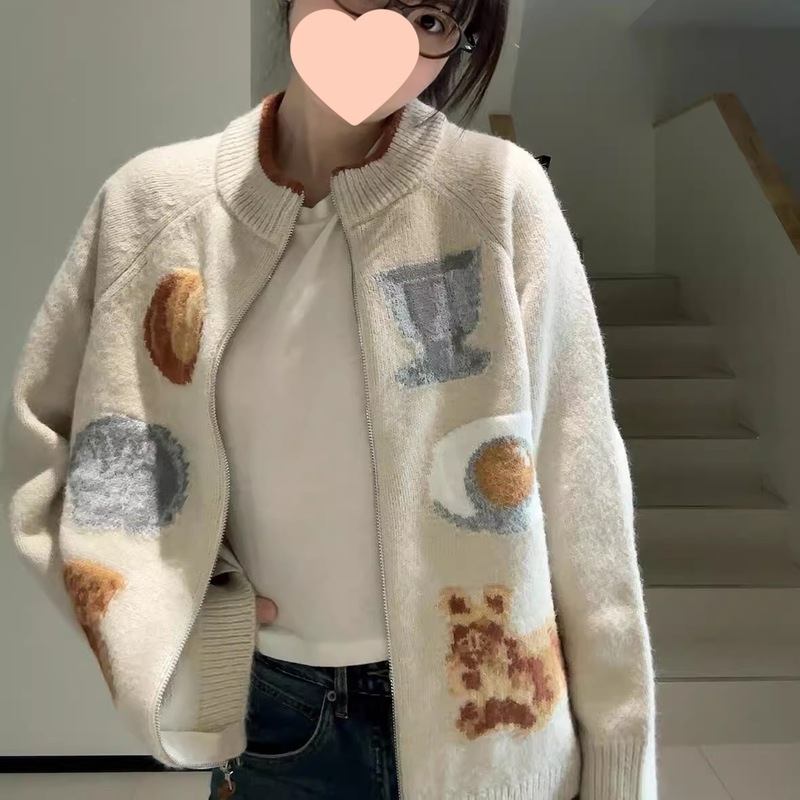 美式学院风针织开衫女秋冬拉链外穿提花毛衣外套宽松慵懒设计感潮|undefined