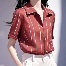 法式复古绝美红色条纹Polo领短袖衬衫女夏季新款洋气减龄叠穿衬衣