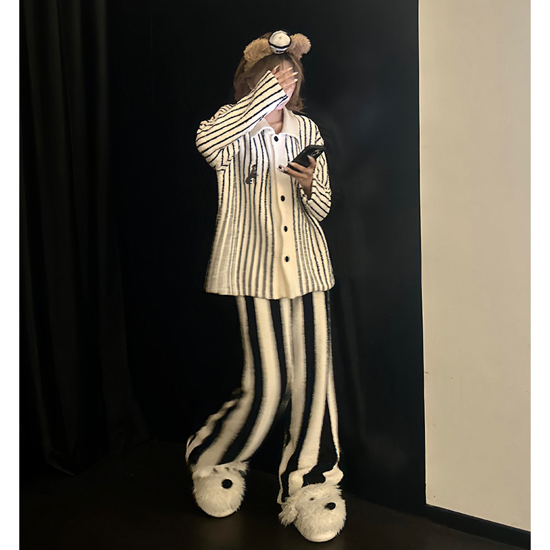 韩系纯欲高级小熊半边绒睡衣女冬季新款加厚毛绒针织家居服套装|undefined