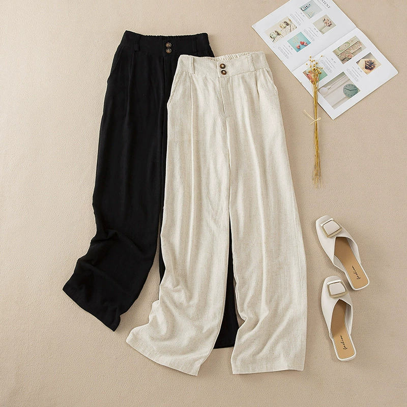 Настоящая фотография широких женских летних тонких брюк из конопляного хлопка с высокой талией, свободные прямые повседневные брюки, брюки из тенселя из хлопка и льна длиной до пола.