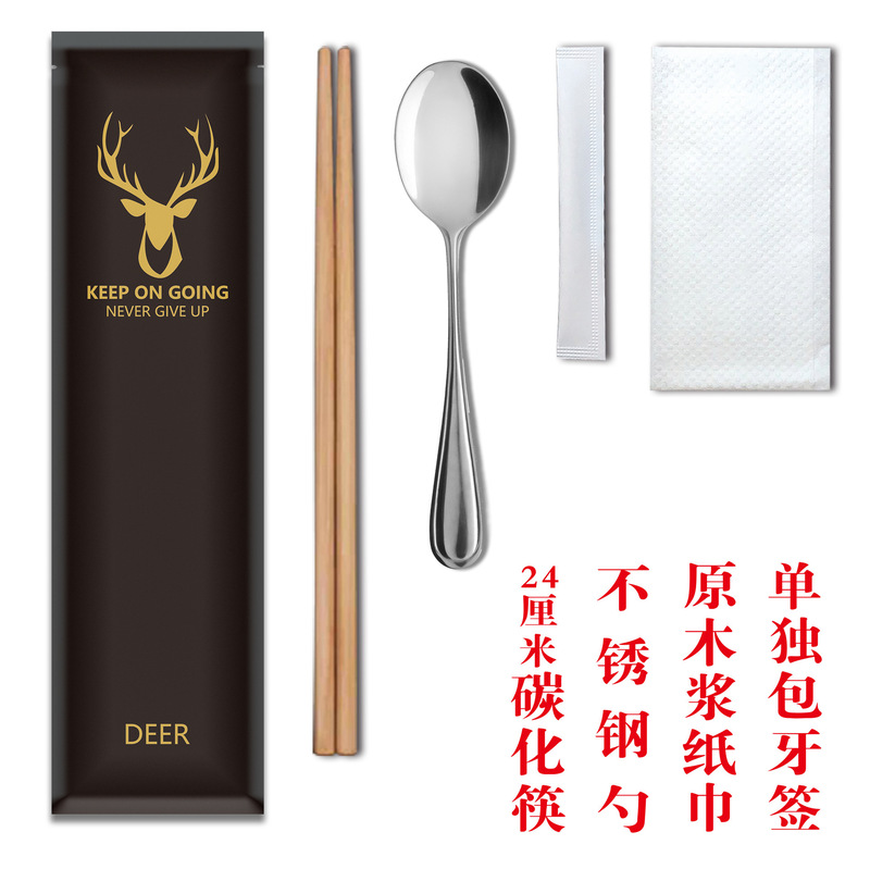 割り箸 4点セット 食器セット クラフト紙 ステンレススプーン テイクアウト包装スプーン 4本箸|undefined