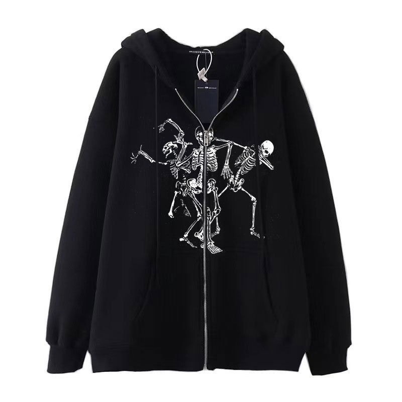 Dark style hip hop Gothic Harajuku y2g skull print zipper hoodie Harajuku coat sweater