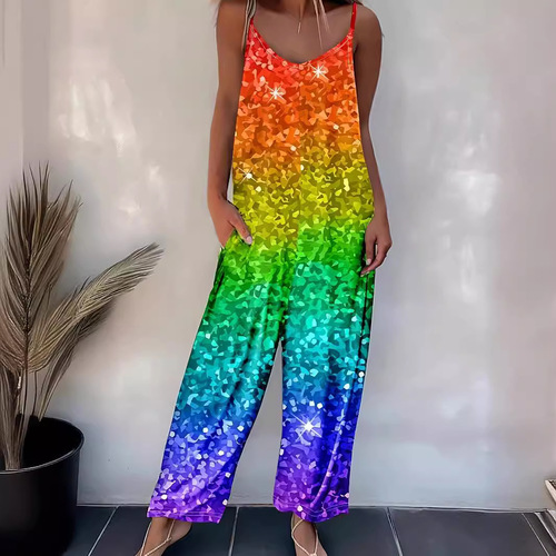 Women's Summer Casual Strappy Pants for Spring and Autumn, New Printed Sleeveless Bodysuit