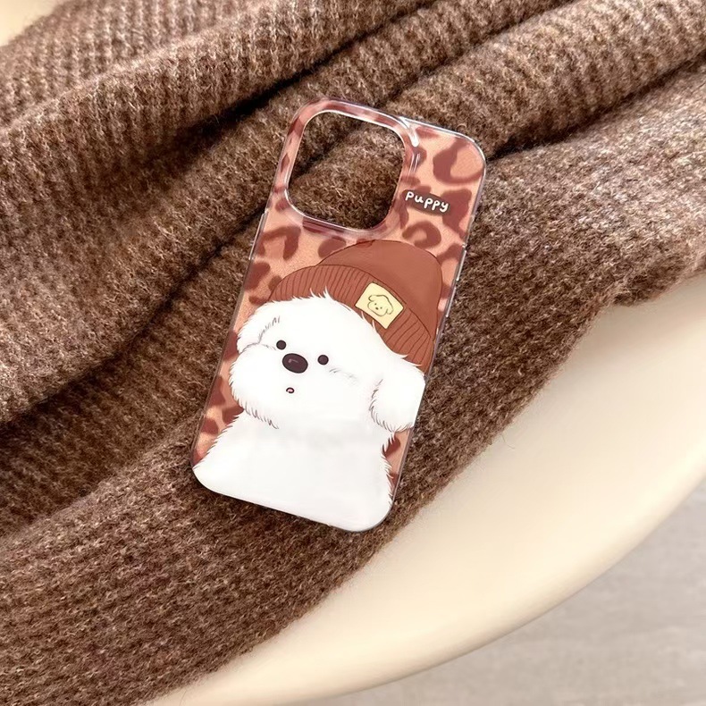 Lindo sombrero pequeño perro blanco iPhone16promax estampado de leopardo marrón Apple 15pro funda para teléfono 14/13 nuevo