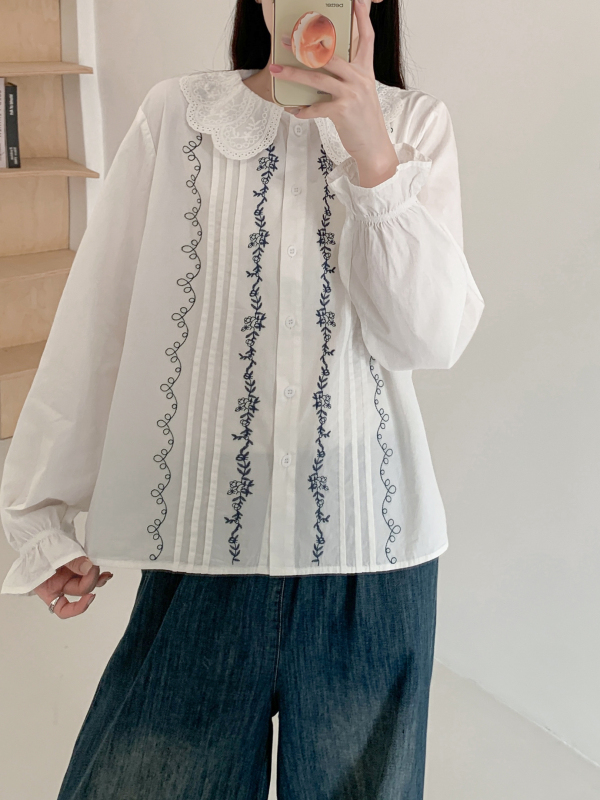 French-Style Pastoral Doll Collar Embroidered Shirt for Women, Long-Sleeve Youthful White Top, Doll Shirt, Student Shirt, Base Layer French-Style Pastoral Doll Collar Embroidered Shirt for Women, Long-Sleeve Youthful White Top, Doll Shirt, Student Shirt, Base Layer