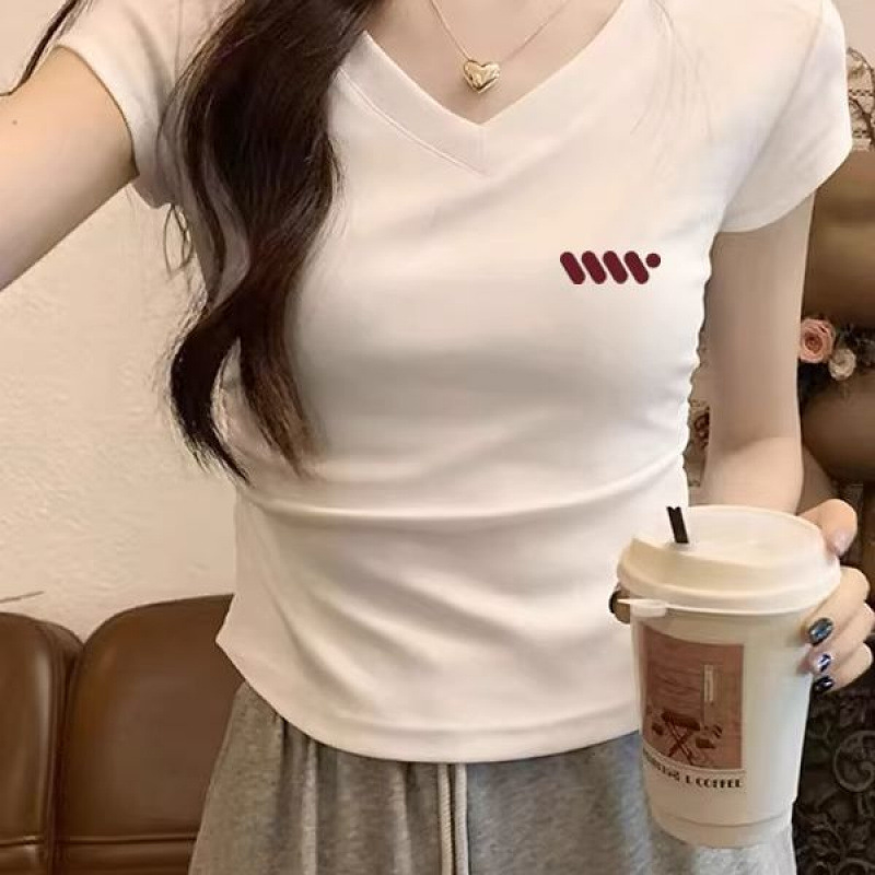 純綿夏の新しいスタイルの女性用Vネック半袖Tシャツ、スリムフィット、プリーツホットガールトップ|undefined