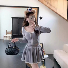 欧美风女装 蕾丝花边连帽针织上衣松紧腰休闲裙裤套装