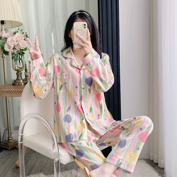 Al por mayor transfronterizo otoño nuevo pijama de algodón nublado, cardigan de manga larga, pantalones largos de dos piezas, ropa para el hogar se puede usar fuera