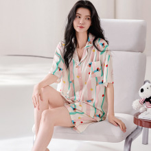 卡通可爱翻领薄款短袖睡衣女夏季新款甜美冰丝可外穿家居服两件套