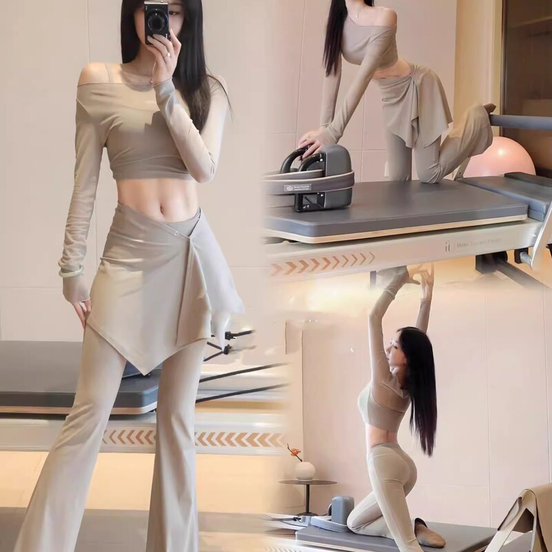 Women's yoga set, featuring a faux two-piece design with long sleeves, a detachable mesh skirt, and flared pants, creating a slimming and stylish look for everyday wear Women's yoga set, featuring a faux two-piece design with long sleeves, a detachable mesh skirt, and flared pants, creating a slimming and stylish look for everyday wear