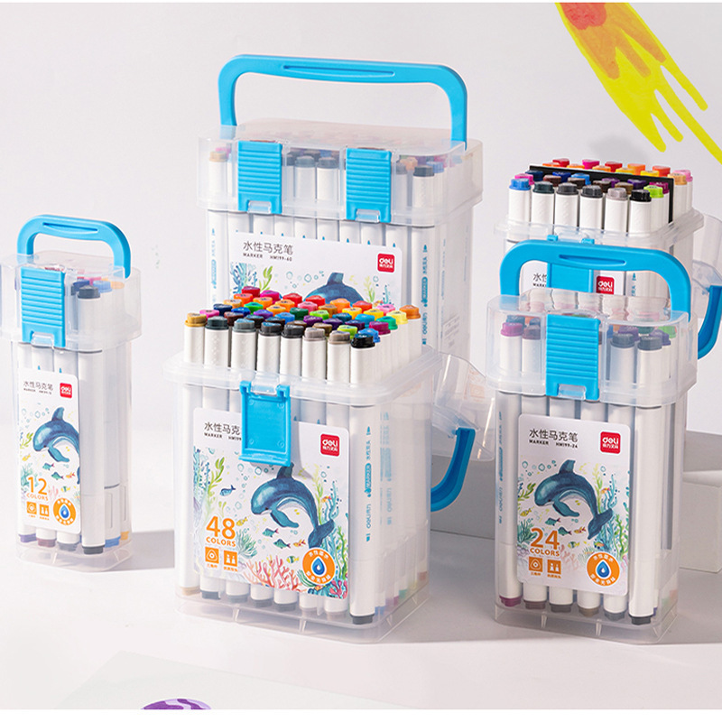 Deli Hm199 Dual-Tip Water-Based Marker Pen for Students, Washable Colored Pens, 60 Colors Watercolor Pens