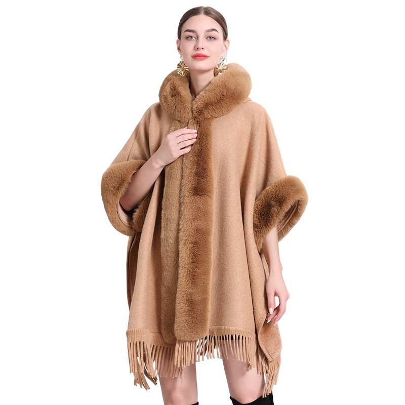 Lockerer und dicker Wollmantel mit Vlieskragen, Kapuze und Fransen, gestrickter Schalumhang in Übergröße_voghion.com