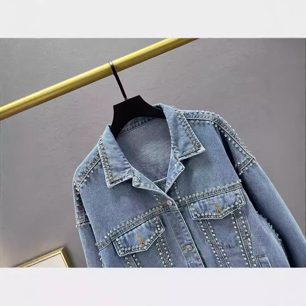 Giacca in denim oversize da donna con decorazioni di perline e diamanti – Cappotto in jeans blu vintage dalla vestibilità ampia per uno stile casual e boho_voghion.com