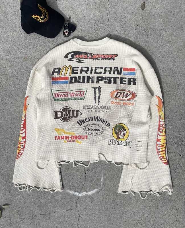 ヨーロッパとアメリカのクロスボーダーアメリカンレトロヒップホップストリートカジュアルルーズラウンドネックオートバイプリントトップメンズ長袖レーシングスーツ|undefined
