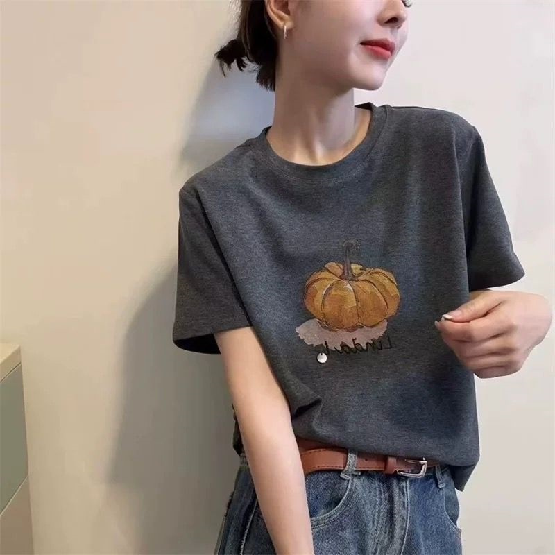 欧洲站2025早秋新款圆领油画南瓜图案小众打底短袖棉T恤上衣女潮|undefined