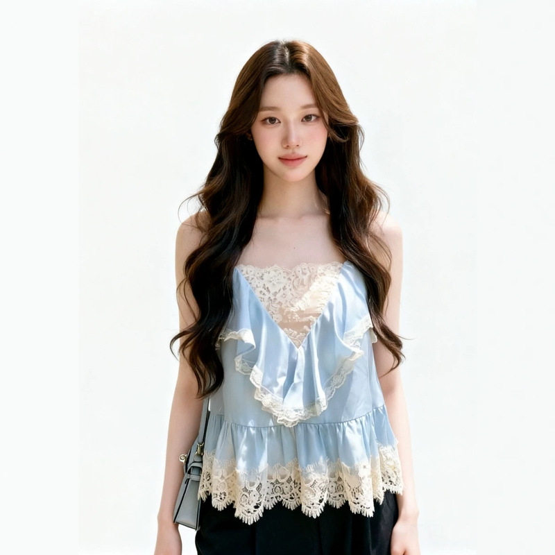 【Laluneducie】The Sea at Dawn, the Feeling of First Love, Satin Lace Trim Camisole for Women 【Laluneducie】The Sea at Dawn, the Feeling of First Love, Satin Lace Trim Camisole for Women