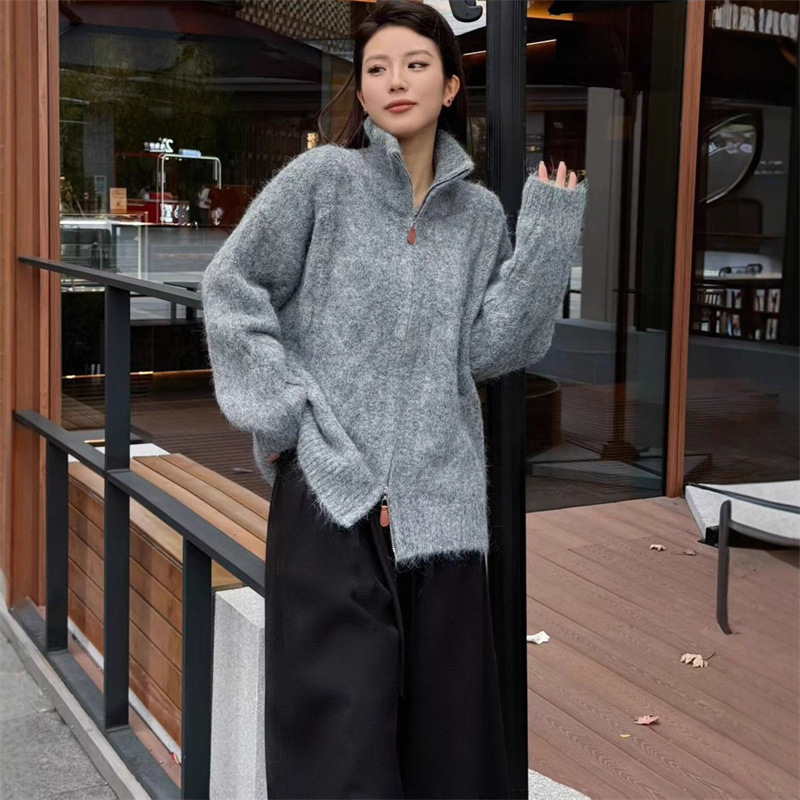 冬日慵懒保暖麻花超厚毛衣外套女秋冬双拉链高领毛绒针织开衫上衣|undefined
