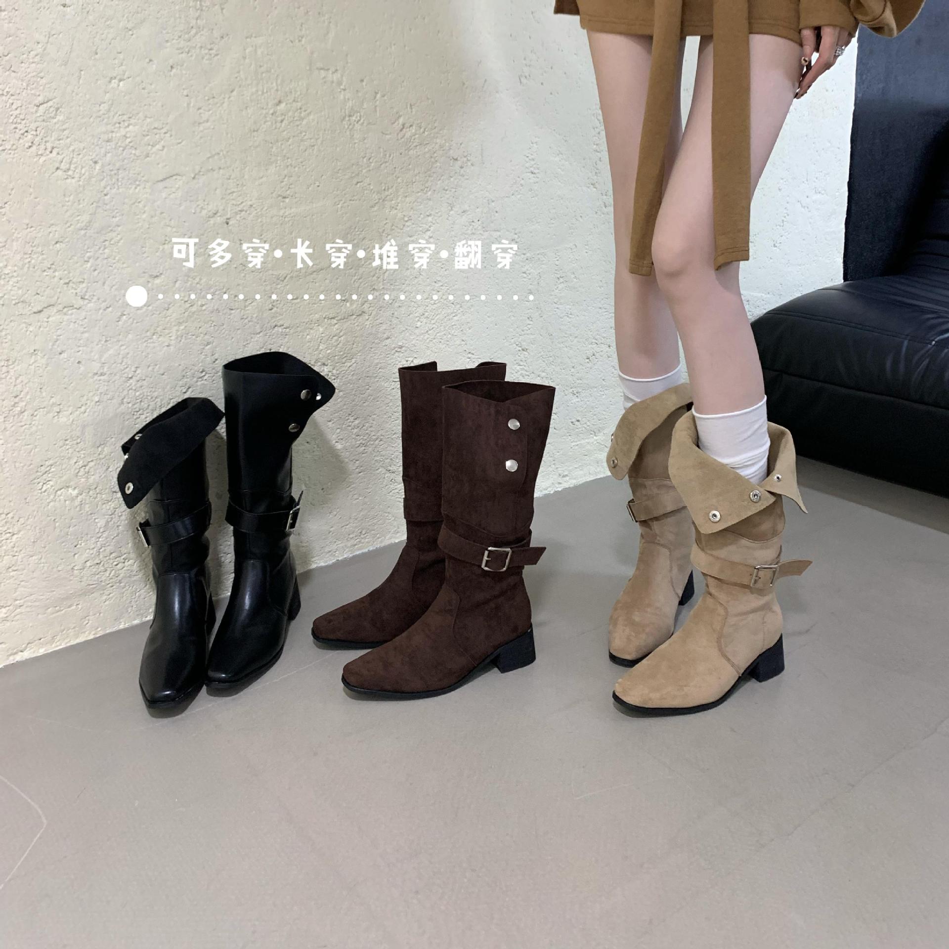 2025秋冬皮带扣两穿骑士靴女粗跟美拉德沙漠西部牛仔靴长筒堆堆靴