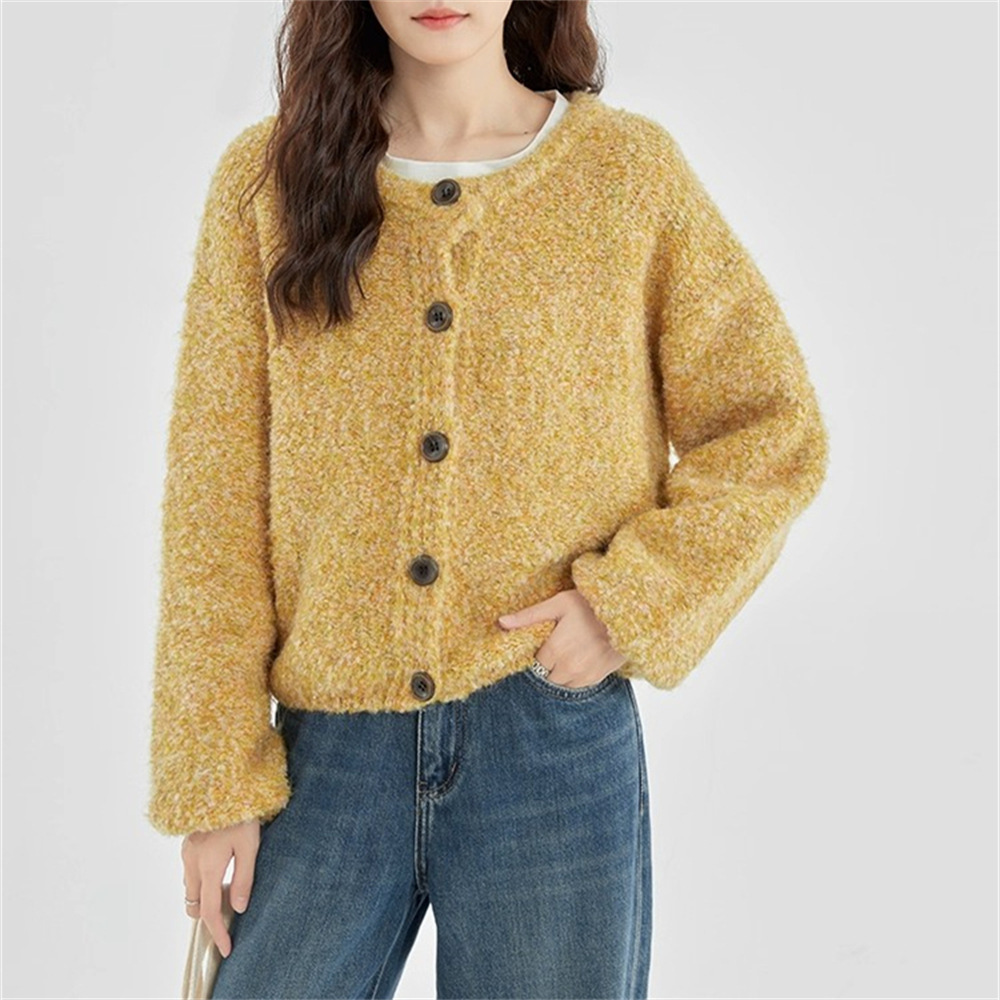 Suéter de cuello redondo de anillo glutinoso suave, abrigo de ropa de mujer, otoño y invierno, nuevo estilo suelto y delgado, cardigan de punto perezoso.