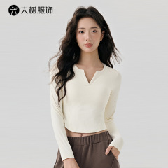 初秋长袖瑜伽服女罗纹短款修身显瘦运动t恤带胸垫外穿健身服上衣