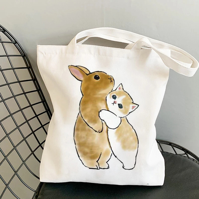 Canvas Material Unisex Canvas Cat Streetwear Square Open Canvas Bag