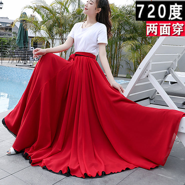 Layered Double-Sided Red Silk Chiffon Dress with 720-Degree Swing, Perfect for Uyghur Xinjiang Dance Performances on the Square