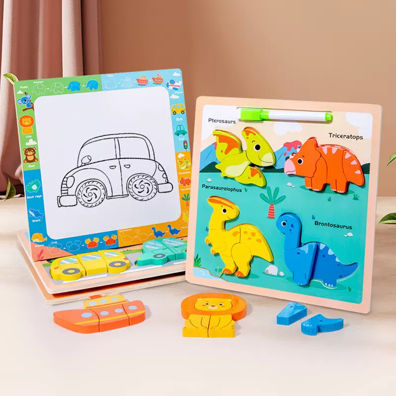 新款儿童四合一拼图卡通动物拼板画板早教益智启蒙木质制玩具批发