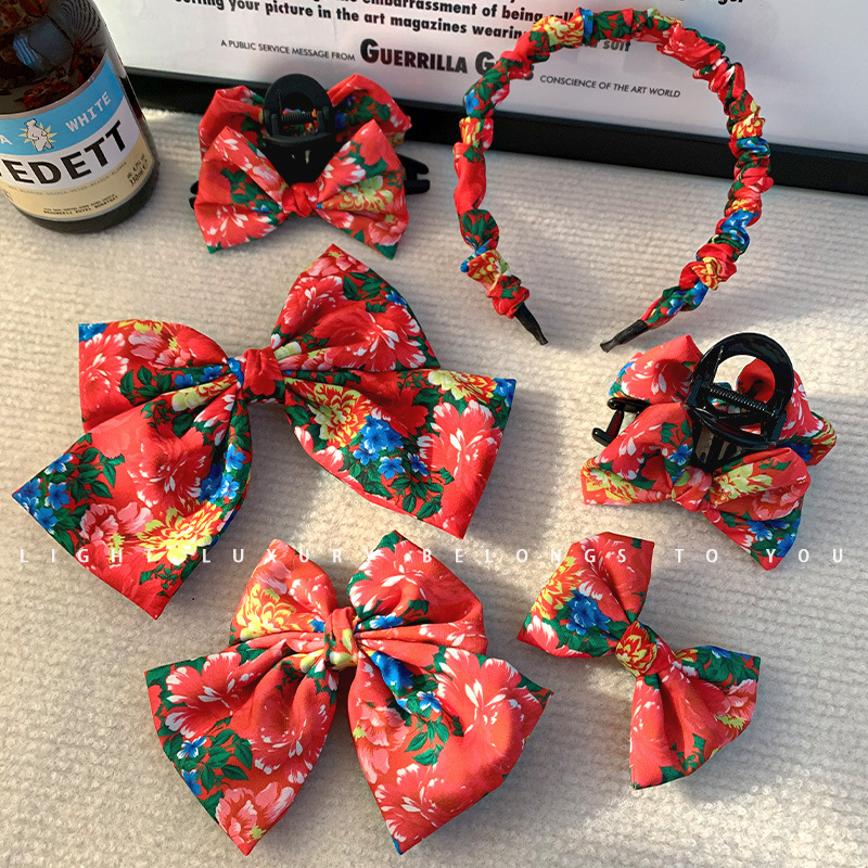 Northeast large flower child red bow hair clip 2024 New Year girl child floral hair accessory festive New Year head ornament