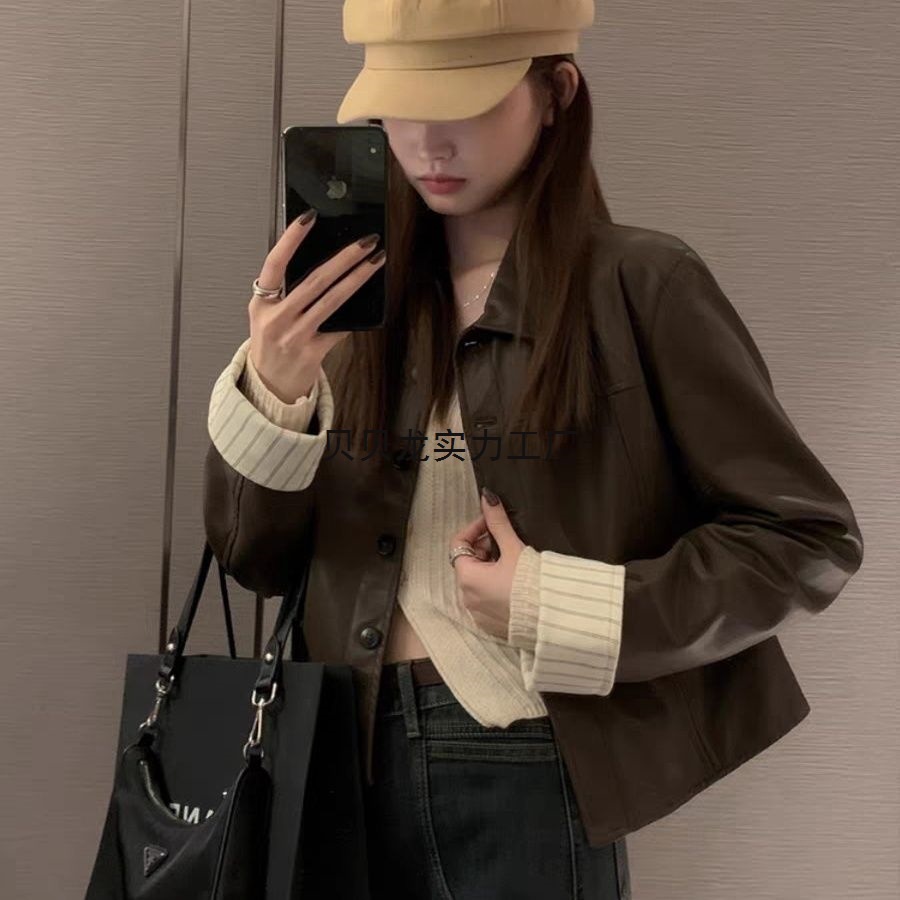 American Retro Leather Jacket for Women, Early Spring, Loose and Versatile, Niche Design, Contrasting Cuffs, Short Jacket