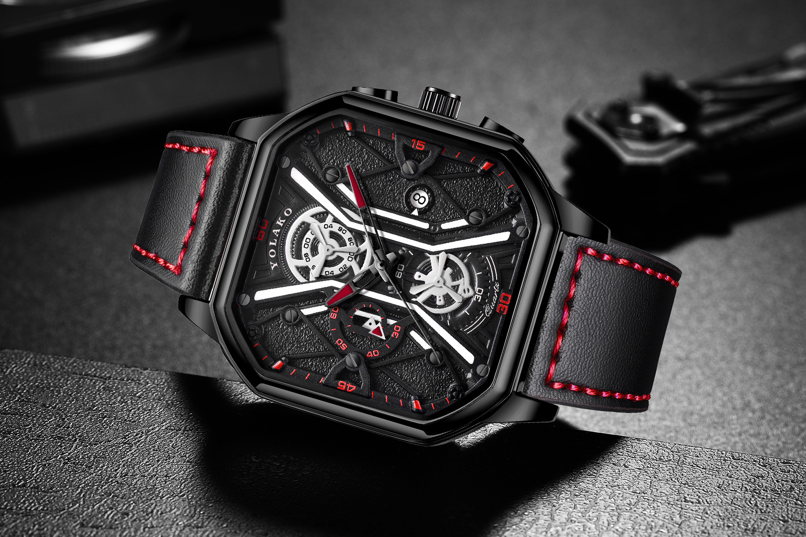 New square men's watch Fashion shaking tape and double dial temperament student wristwatch_voghion.com