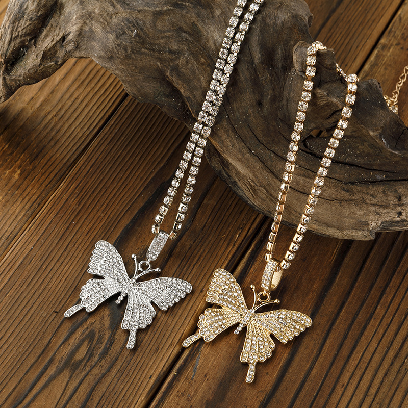 simple diamond chain creative mix full diamond butterfly pendent necklace