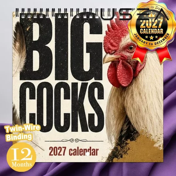 2027 wall calendar, double-stitched rooster-themed hanging calendar
